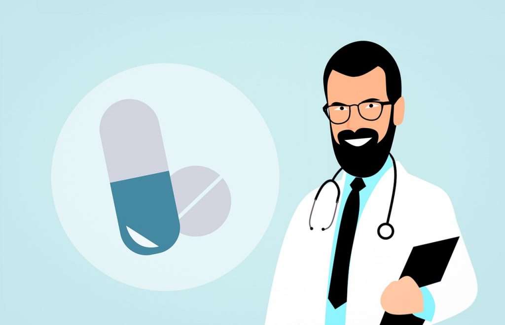 animated male doctor with pills and tablets